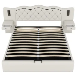 Redom Lit 180x200 cm tapissé tissu effet lin beige avec tête de lit intégrée, coffre hydraulique et prises USB