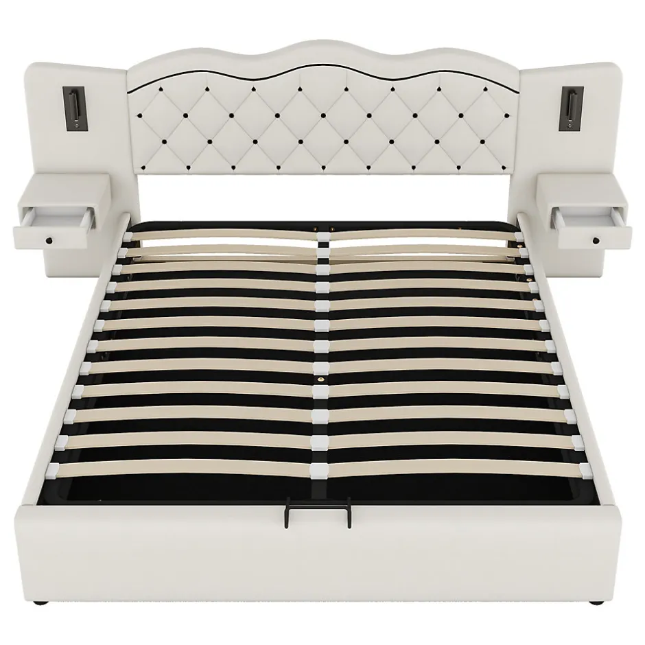Redom Lit 180x200 cm tapissé tissu effet lin beige avec tête de lit intégrée, coffre hydraulique et prises USB