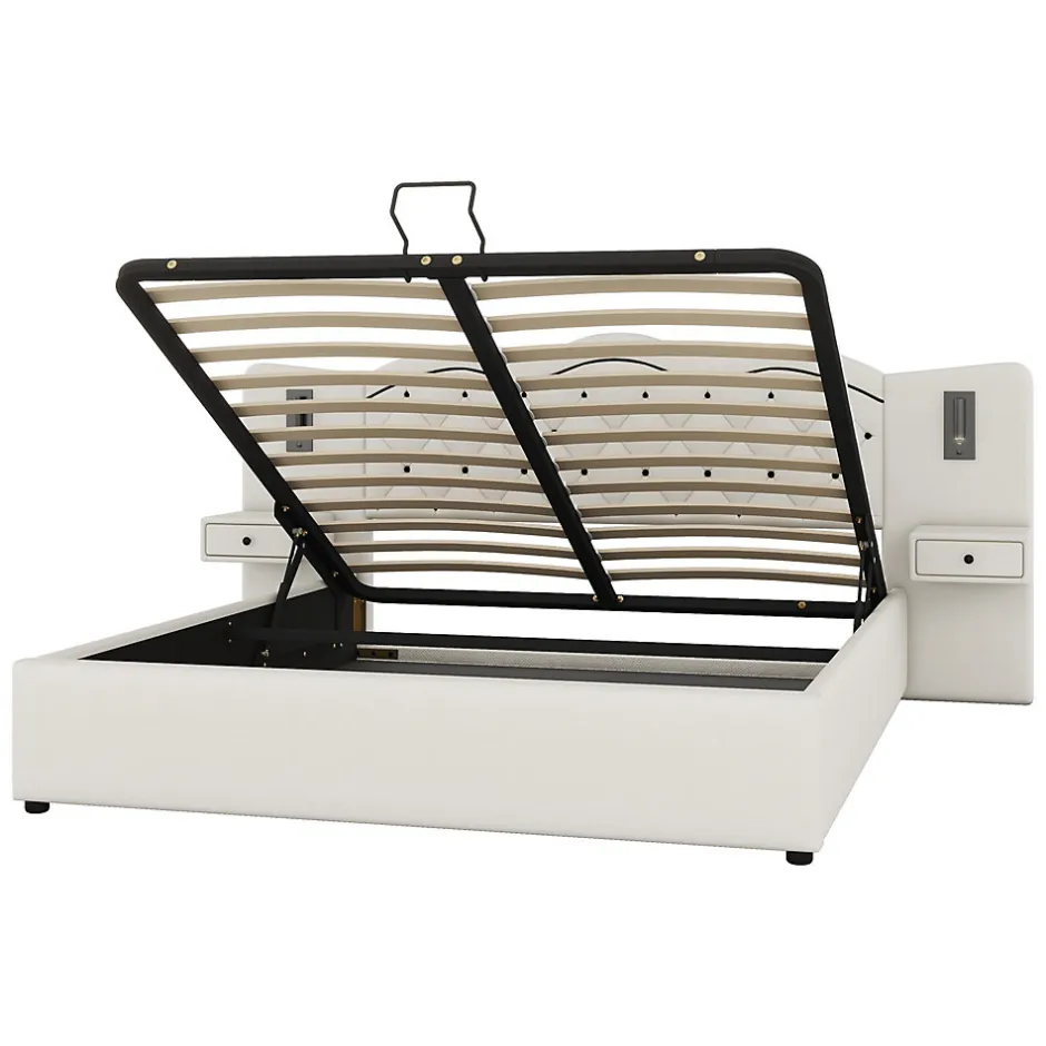 Redom Lit 180x200 cm tapissé tissu effet lin beige avec tête de lit intégrée, coffre hydraulique et prises USB
