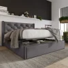 Redom Lit 160x200 cm tapissé tissu gris avec coffre de rangement, tête de lit capitonnée et structure bois/métal