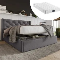Redom Lit 160x200 cm tapissé tissu gris avec coffre de rangement, tête de lit capitonnée et structure bois/métal