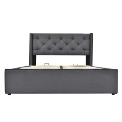Redom Lit 160x200 cm tapissé tissu gris avec coffre de rangement, tête de lit capitonnée et structure bois/métal