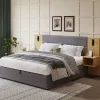 Redom Lit 180x200 cm tapissé velours avec rangement hydraulique, éclairage et prises USB, 2 chevets assortis