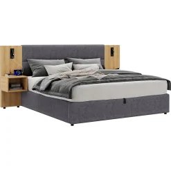 Redom Lit 180x200 cm tapissé velours avec rangement hydraulique, éclairage et prises USB, 2 chevets assortis