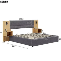 Redom Lit 180x200 cm tapissé velours avec rangement hydraulique, éclairage et prises USB, 2 chevets assortis