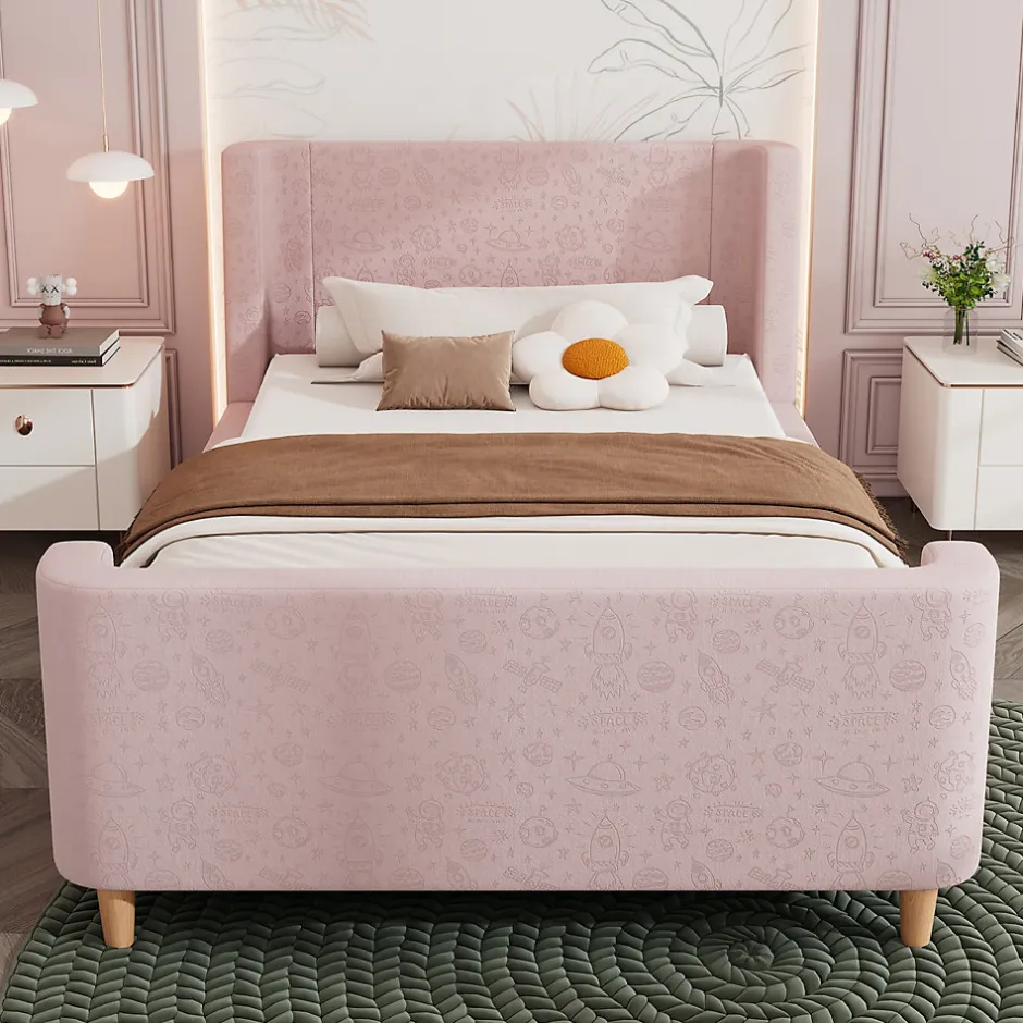 Redom Lit 90x200 cm tapissé velours avec tête de lit style luge, motifs spatiaux enfantins, coloris rose