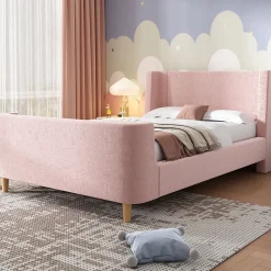 Redom Lit 90x200 cm tapissé velours avec tête de lit style luge, motifs spatiaux enfantins, coloris rose