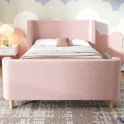 Redom Lit 90x200 cm tapissé velours avec tête de lit style luge, motifs spatiaux enfantins, coloris rose