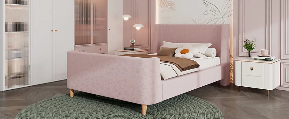 Redom Lit 90x200 cm tapissé velours avec tête de lit style luge, motifs spatiaux enfantins, coloris rose