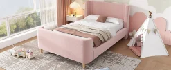 Redom Lit 90x200 cm tapissé velours avec tête de lit style luge, motifs spatiaux enfantins, coloris rose