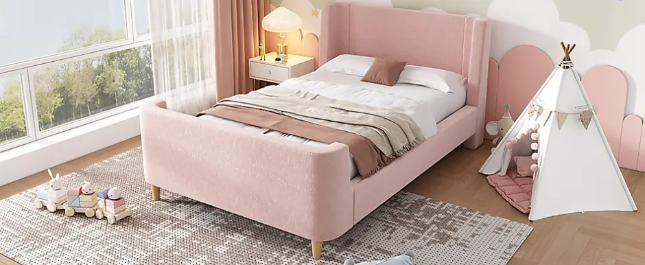 Redom Lit 90x200 cm tapissé velours avec tête de lit style luge, motifs spatiaux enfantins, coloris rose