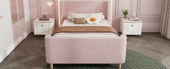 Redom Lit 90x200 cm tapissé velours avec tête de lit style luge, motifs spatiaux enfantins, coloris rose