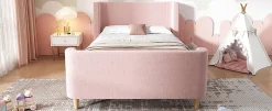 Redom Lit 90x200 cm tapissé velours avec tête de lit style luge, motifs spatiaux enfantins, coloris rose