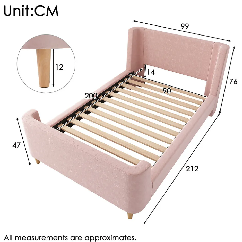 Redom Lit 90x200 cm tapissé velours avec tête de lit style luge, motifs spatiaux enfantins, coloris rose