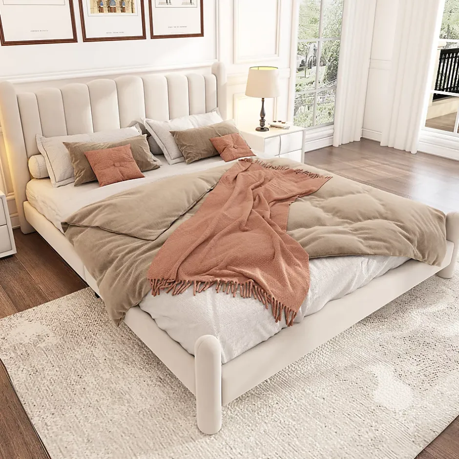 Redom Lit 160x200 cm tapissé velours beige avec tête de lit ondulée et pieds cylindriques 43,5 cm New