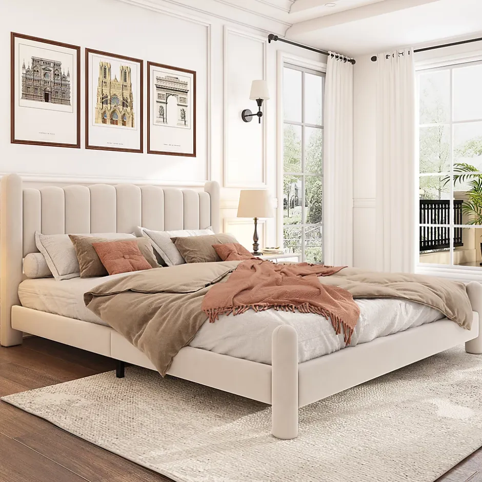 Redom Lit 160x200 cm tapissé velours beige avec tête de lit ondulée et pieds cylindriques 43,5 cm New