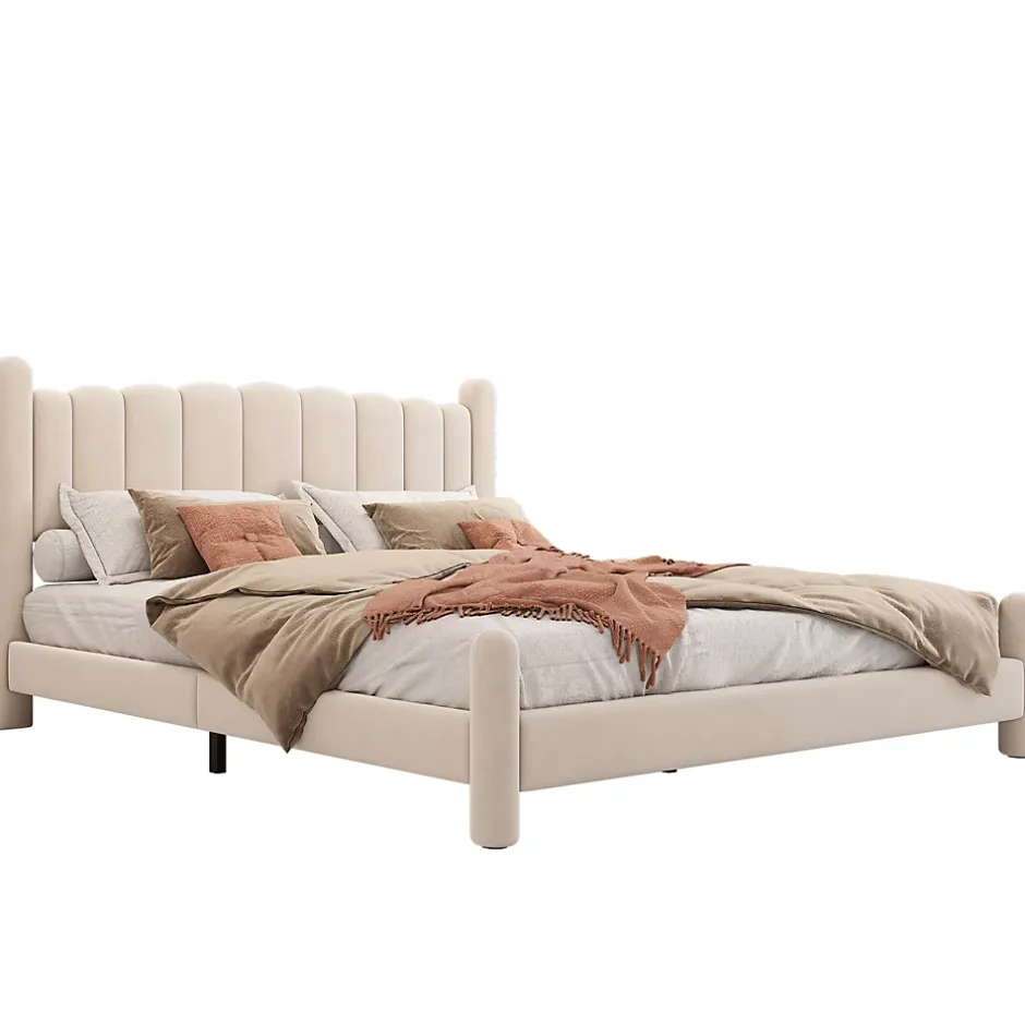 Redom Lit 160x200 cm tapissé velours beige avec tête de lit ondulée et pieds cylindriques 43,5 cm New