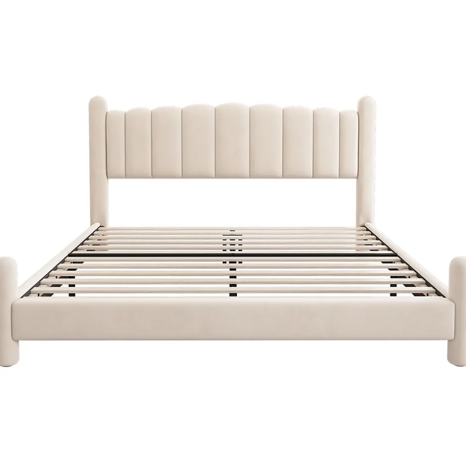 Redom Lit 160x200 cm tapissé velours beige avec tête de lit ondulée et pieds cylindriques 43,5 cm New