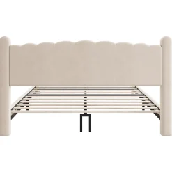 Redom Lit 160x200 cm tapissé velours beige avec tête de lit ondulée et pieds cylindriques 43,5 cm New