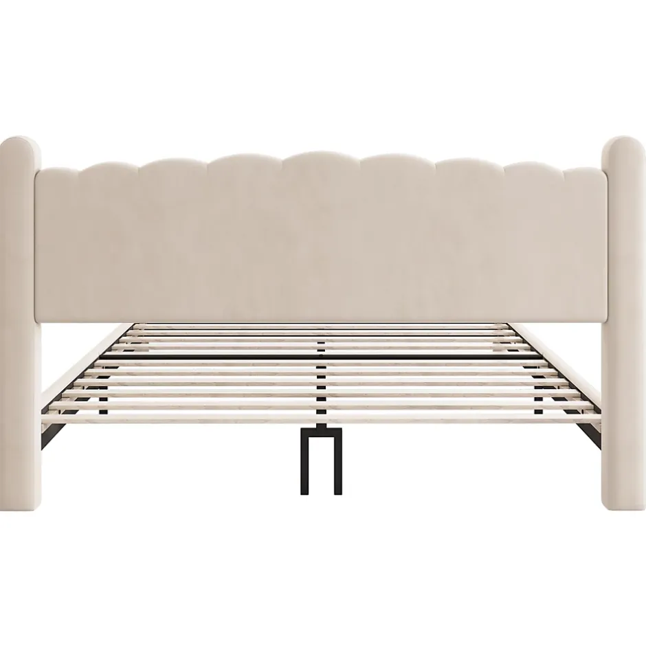 Redom Lit 160x200 cm tapissé velours beige avec tête de lit ondulée et pieds cylindriques 43,5 cm New