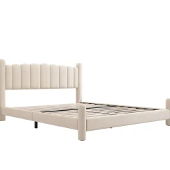 Redom Lit 160x200 cm tapissé velours beige avec tête de lit ondulée et pieds cylindriques 43,5 cm New