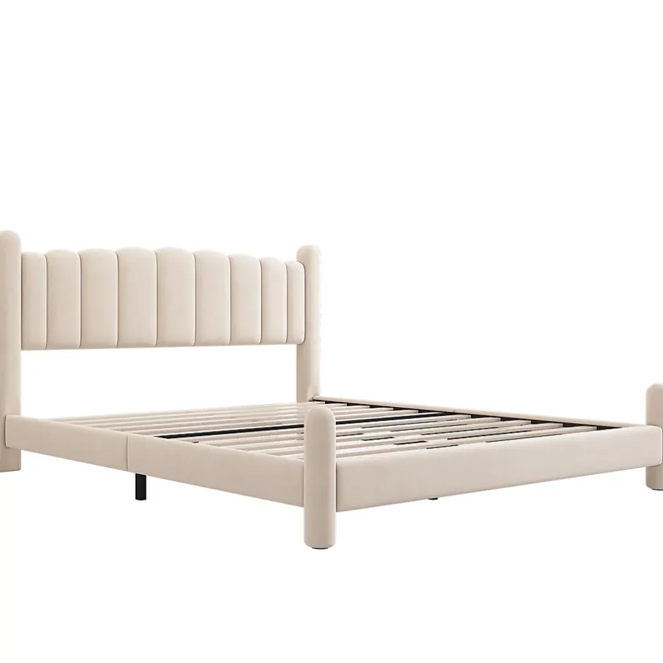 Redom Lit 160x200 cm tapissé velours beige avec tête de lit ondulée et pieds cylindriques 43,5 cm New