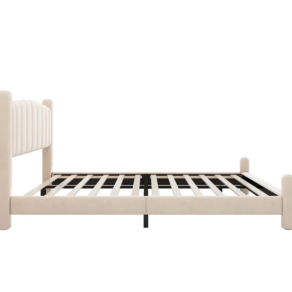 Redom Lit 160x200 cm tapissé velours beige avec tête de lit ondulée et pieds cylindriques 43,5 cm New