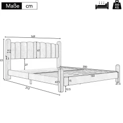 Redom Lit 160x200 cm tapissé velours beige avec tête de lit ondulée et pieds cylindriques 43,5 cm New