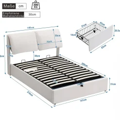 Redom Lit 140x200 cm tapissé velours beige avec coffre intégré, 3 tiroirs latéraux et tête de lit réglable New