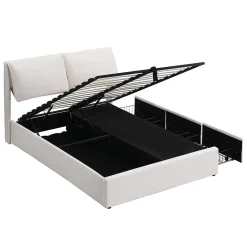 Redom Lit 140x200 cm tapissé velours beige avec coffre intégré, 3 tiroirs latéraux et tête de lit réglable New