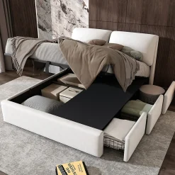 Redom Lit 140x200 cm tapissé velours beige avec coffre intégré, 3 tiroirs latéraux et tête de lit réglable New