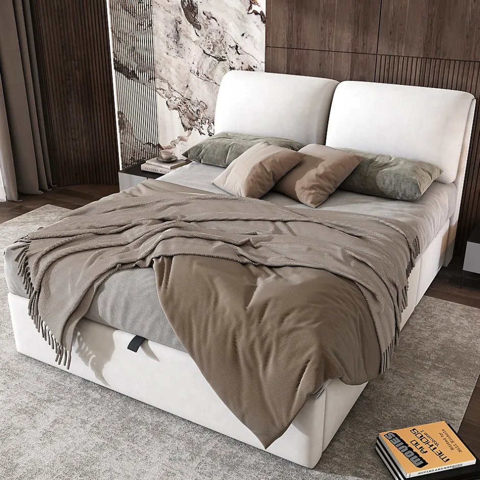 Redom Lit 140x200 cm tapissé velours beige avec coffre intégré, 3 tiroirs latéraux et tête de lit réglable New