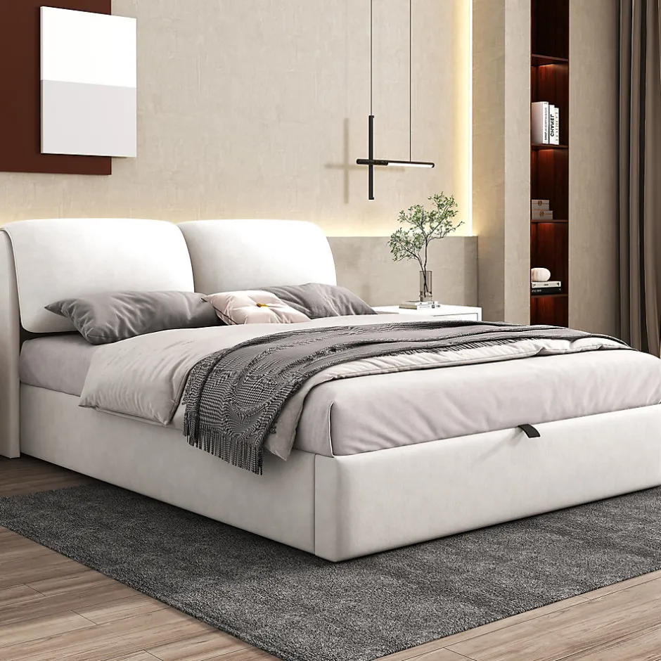 Redom Lit 140x200 cm tapissé velours beige avec coffre intégré, 3 tiroirs latéraux et tête de lit réglable New