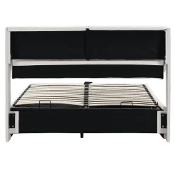Redom Lit 140x200 cm tapissé velours beige avec coffre intégré, 3 tiroirs latéraux et tête de lit réglable New
