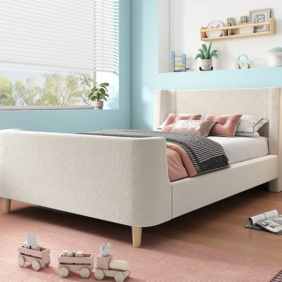 Redom Lit 90x200 cm tapissé velours beige, design luge avec tête rembourrée et motif spatial, cadre métal et bois Online