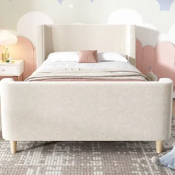 Redom Lit 90x200 cm tapissé velours beige, design luge avec tête rembourrée et motif spatial, cadre métal et bois Online