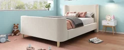 Redom Lit 90x200 cm tapissé velours beige, design luge avec tête rembourrée et motif spatial, cadre métal et bois Online