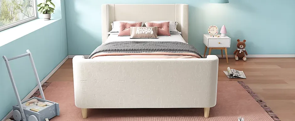 Redom Lit 90x200 cm tapissé velours beige, design luge avec tête rembourrée et motif spatial, cadre métal et bois Online