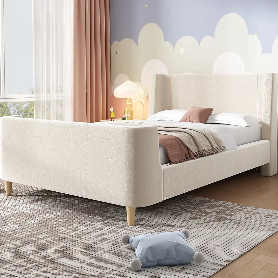 Redom Lit 90x200 cm tapissé velours beige, design luge avec tête rembourrée et motif spatial, cadre métal et bois Online