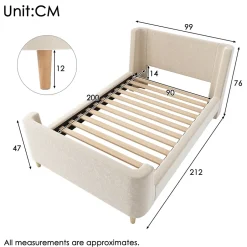 Redom Lit 90x200 cm tapissé velours beige, design luge avec tête rembourrée et motif spatial, cadre métal et bois Online