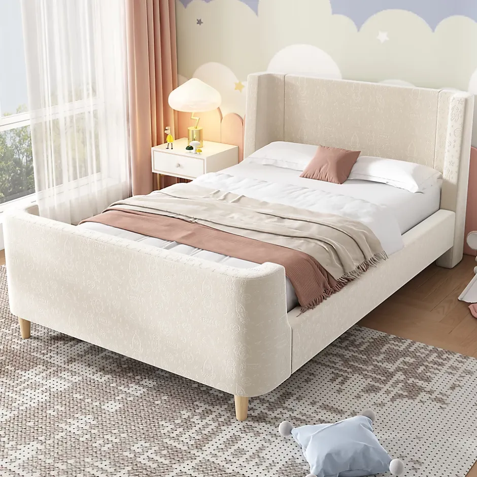Redom Lit 90x200 cm tapissé velours beige, design luge avec tête rembourrée et motif spatial, cadre métal et bois Online