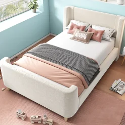 Redom Lit 90x200 cm tapissé velours beige, design luge avec tête rembourrée et motif spatial, cadre métal et bois Online