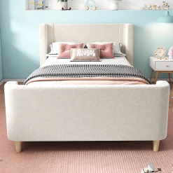 Redom Lit 90x200 cm tapissé velours beige, design luge avec tête rembourrée et motif spatial, cadre métal et bois Online
