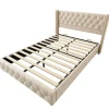 Redom Lit 160x200 cm tapissé velours beige clair avec tête de lit capitonnée, rivets décoratifs et pieds bois Best
