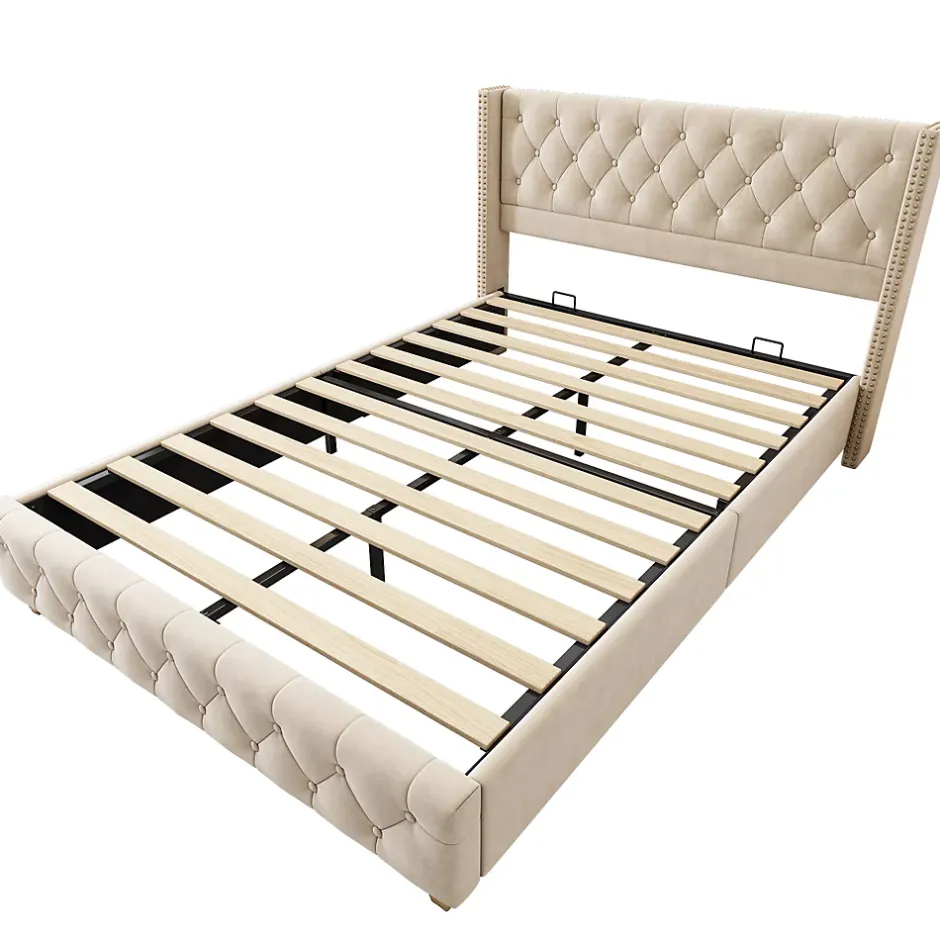 Redom Lit 160x200 cm tapissé velours beige clair avec tête de lit capitonnée, rivets décoratifs et pieds bois Best