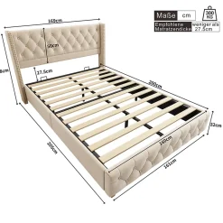 Redom Lit 160x200 cm tapissé velours beige clair avec tête de lit capitonnée, rivets décoratifs et pieds bois Best