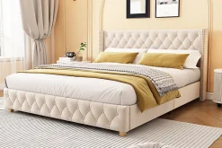 Redom Lit 160x200 cm tapissé velours beige clair avec tête de lit capitonnée, rivets décoratifs et pieds bois Best