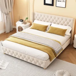 Redom Lit 160x200 cm tapissé velours beige clair avec tête de lit capitonnée, rivets décoratifs et pieds bois Best