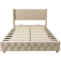 Redom Lit 160x200 cm tapissé velours beige clair avec tête de lit capitonnée, rivets décoratifs et pieds bois Best