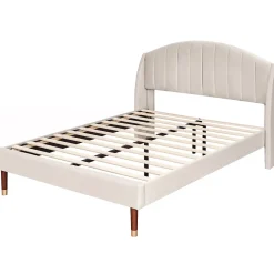 Redom Lit 140x200 cm tapissé velours beige avec tête de lit rembourrée et sommier à lattes en bois, style intemporel Clearance
